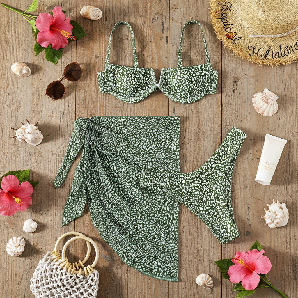 3-teiliges Damen Bikini Set mit Strandtuch Sarong – Muster Print Badeanzug XS S M L