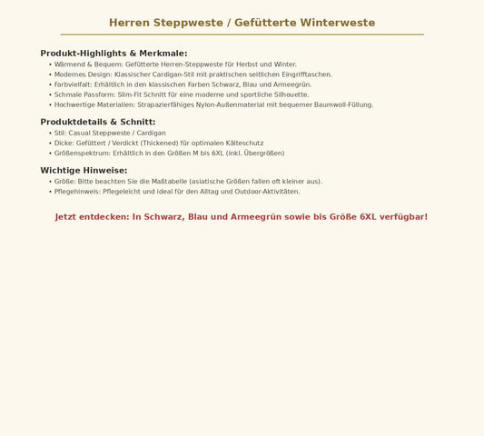 Herren Steppweste Gefütterte Winterweste – Warme Slim-Fit Outdoor-Weste mit Taschen, Farben Schwarz Blau Armeegrün, Größen M bis 6XL