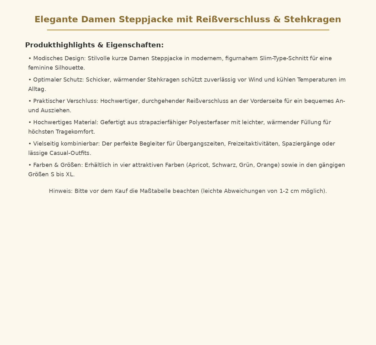 Elegante Damen Steppjacke mit Reißverschluss & Stehkragen – Kurze Jacke für Freizeit & Alltag