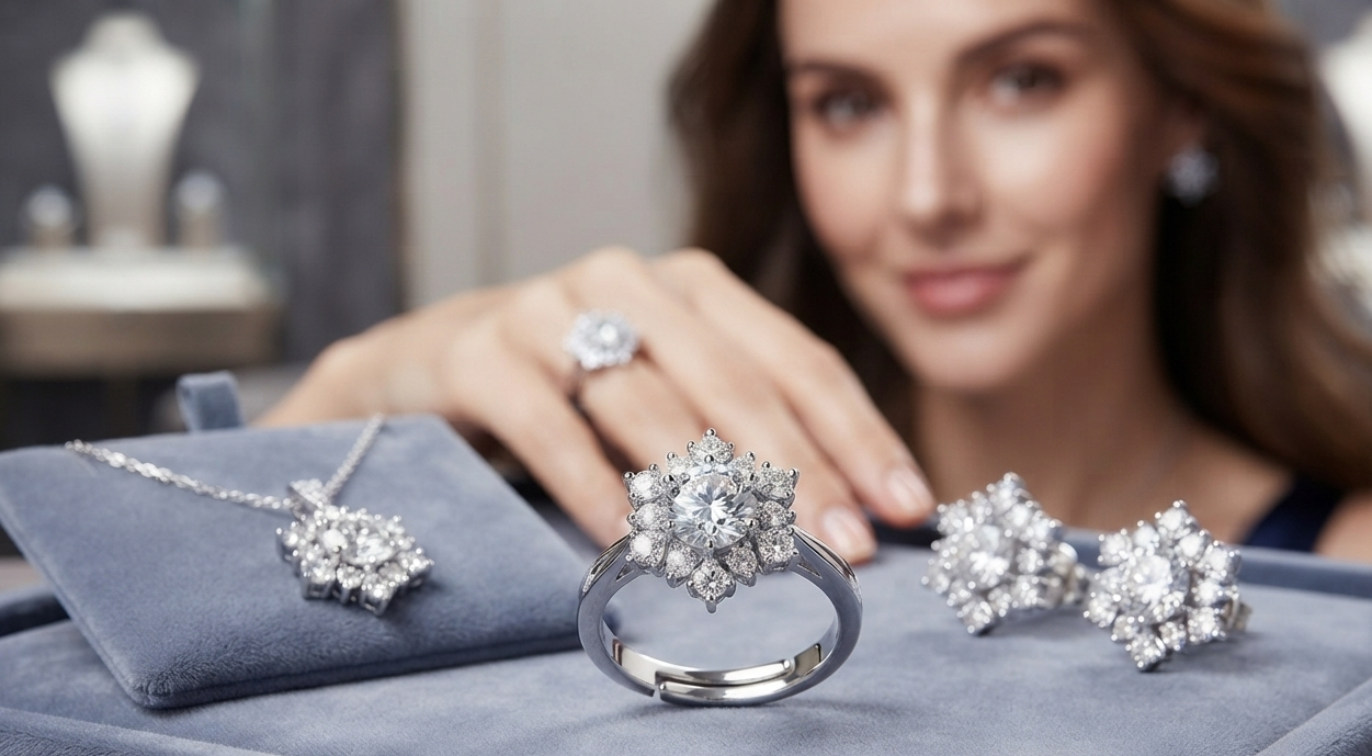 Damen Sunflower Halskette Ring Ohrringe Set Blumen Strass Zirkonia Schmuck