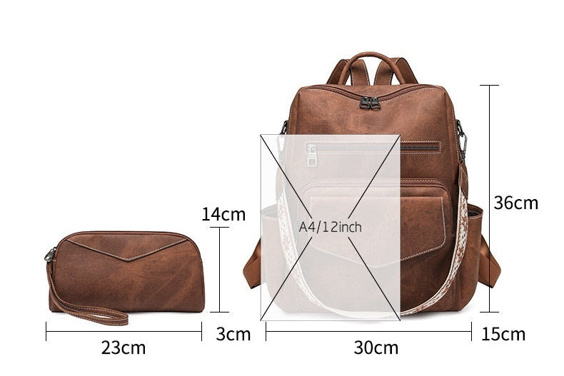 Damen Rucksack Handtasche Set PU-Leder Vintage Reiserucksack Elegant