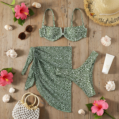 3-teiliges Damen Bikini Set mit Strandtuch Sarong – Muster Print Badeanzug XS S M L