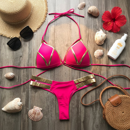 Sexy Damen Bronzing Bikini Set – Elegantes Riemchen Triangel Badeanzug Set XS S M L XL