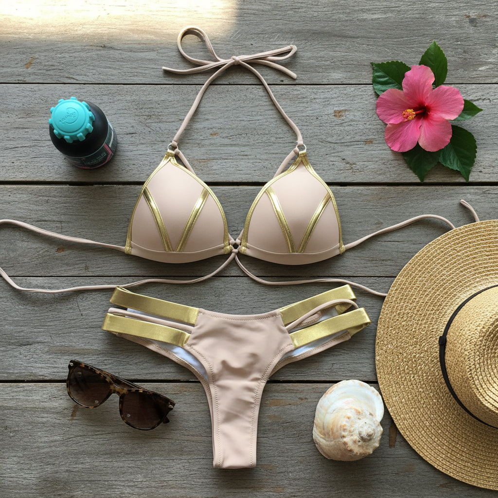 Sexy Damen Bronzing Bikini Set – Elegantes Riemchen Triangel Badeanzug Set XS S M L XL