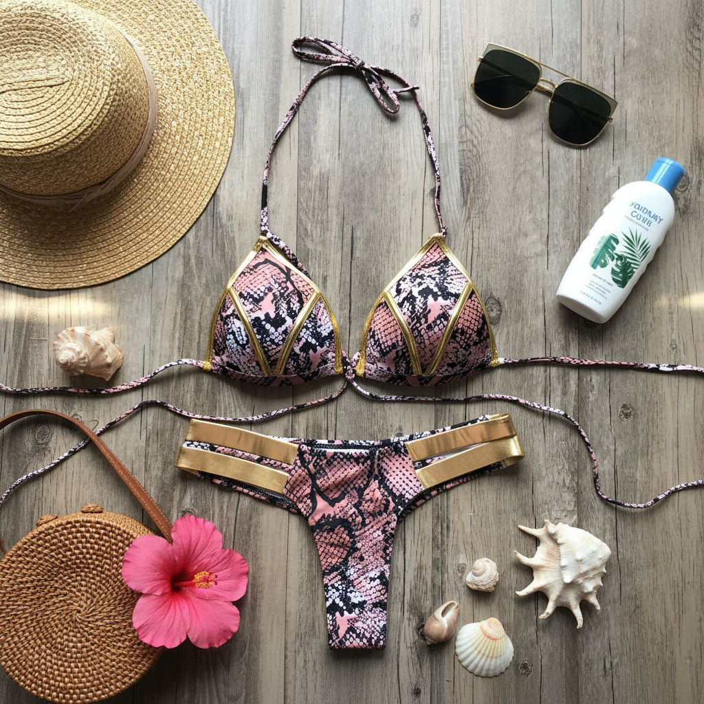 Sexy Damen Bronzing Bikini Set – Elegantes Riemchen Triangel Badeanzug Set XS S M L XL