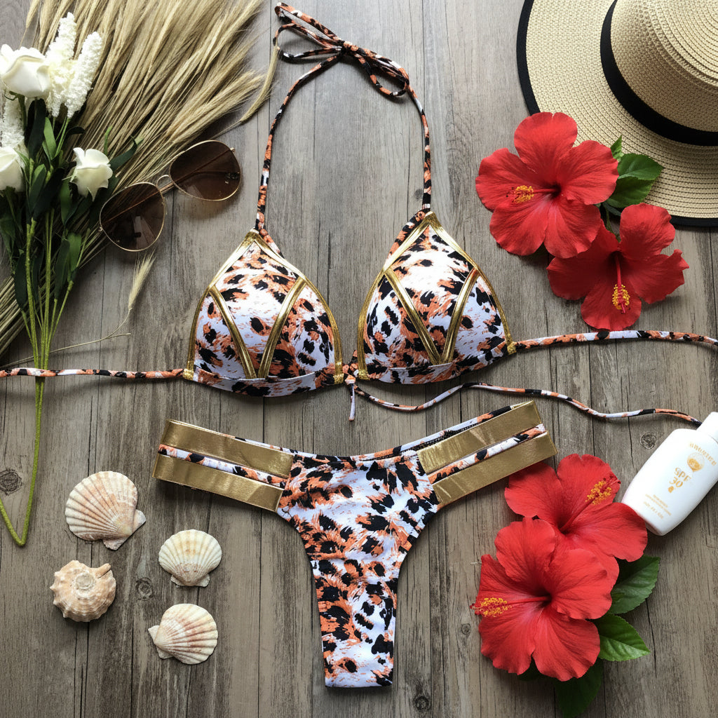 Sexy Damen Bronzing Bikini Set – Elegantes Riemchen Triangel Badeanzug Set XS S M L XL