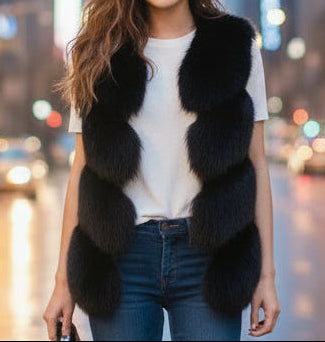 Elegante Damen Kunstfell Weste – Mittellanger Cardigan im Englischen Stil