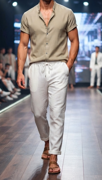Herren Sommer Freizeit-Set Kurzarmhemd & Lange Hose Leinen-Optik Zweiteiler