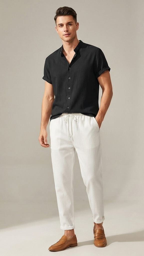 Herren Sommer Freizeit-Set Kurzarmhemd & Lange Hose Leinen-Optik Zweiteiler