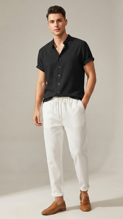 Herren Sommer Freizeit-Set Kurzarmhemd & Lange Hose Leinen-Optik Zweiteiler