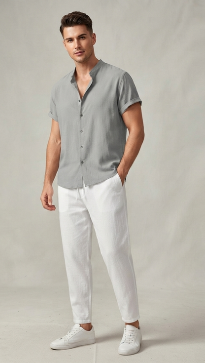 Herren Sommer Freizeit-Set Kurzarmhemd & Lange Hose Leinen-Optik Zweiteiler