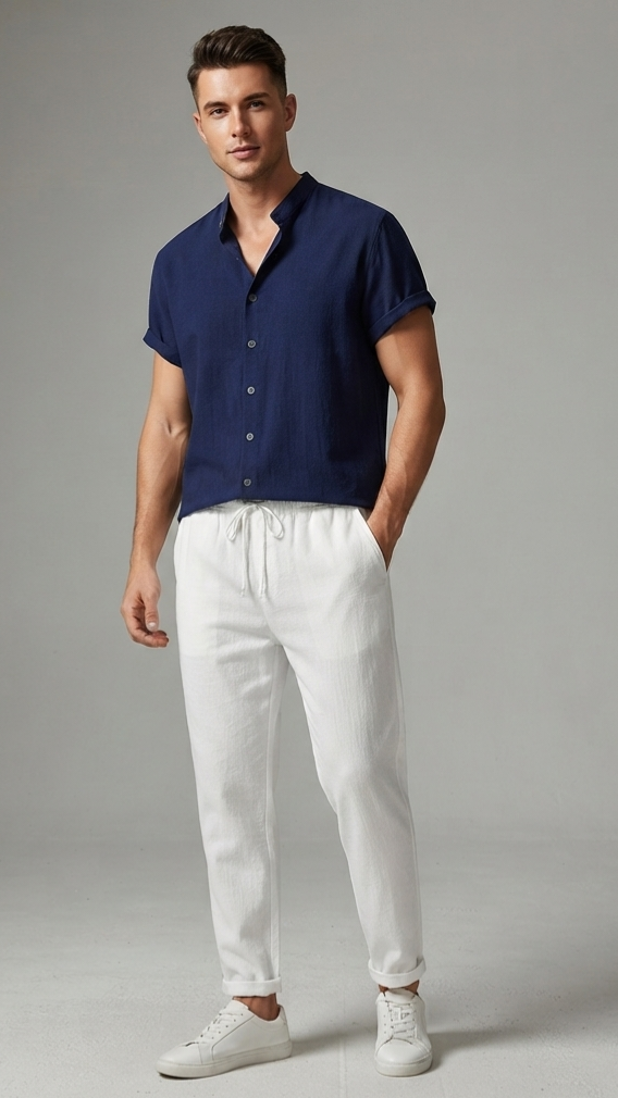Herren Sommer Freizeit-Set Kurzarmhemd & Lange Hose Leinen-Optik Zweiteiler