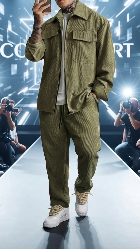 Herren Freizeit-Set Langarmhemd & Hose Reverskragen Zweiteiler Anzug Casual
