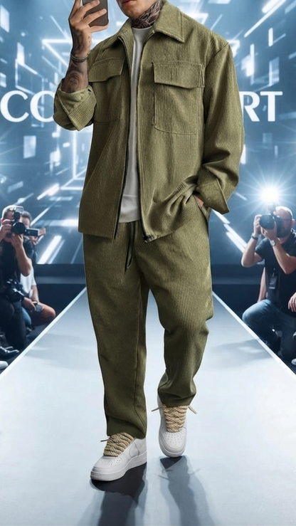 Herren Freizeit-Set Langarmhemd & Hose Reverskragen Zweiteiler Anzug Casual
