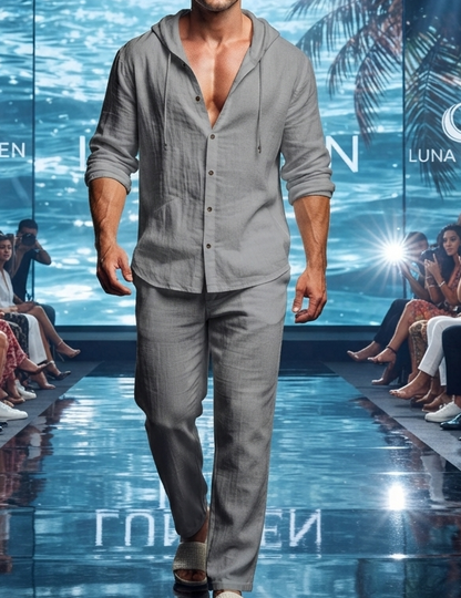 Herren Leinen Freizeit-Set mit Kapuze Langarmhemd & Lange Hose Zweiteiler