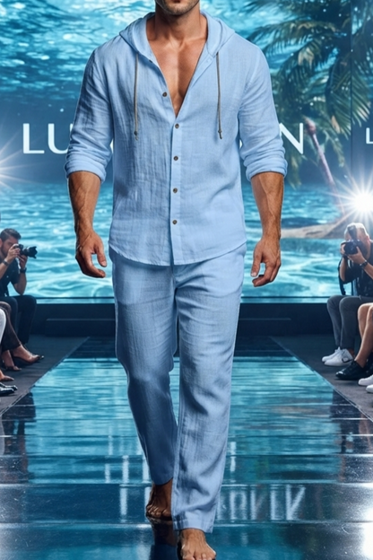 Herren Leinen Freizeit-Set mit Kapuze Langarmhemd & Lange Hose Zweiteiler