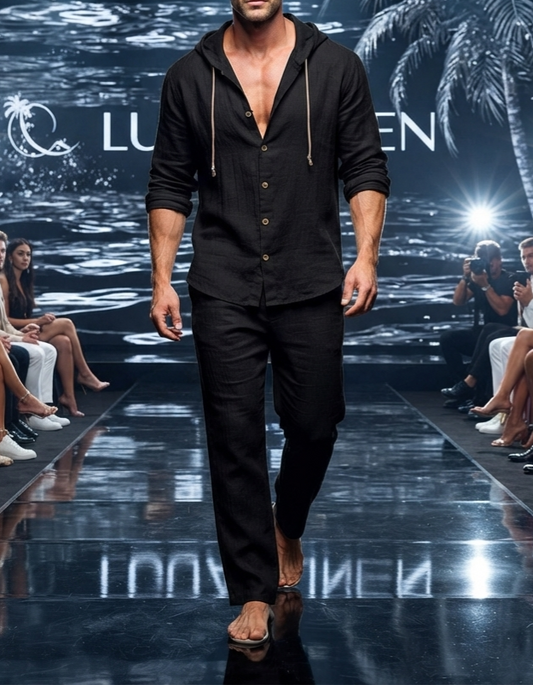 Herren Leinen Freizeit-Set mit Kapuze Langarmhemd & Lange Hose Zweiteiler