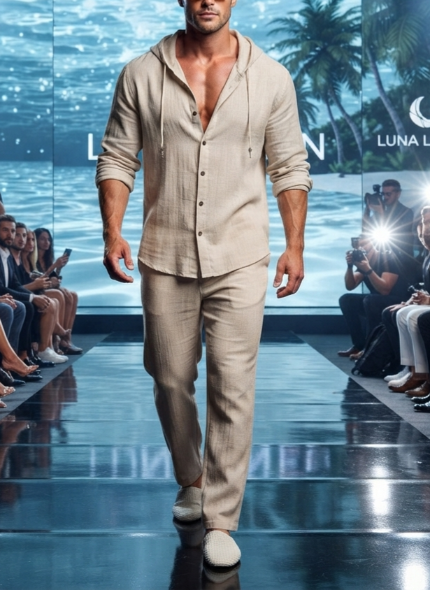 Herren Leinen Freizeit-Set mit Kapuze Langarmhemd & Lange Hose Zweiteiler