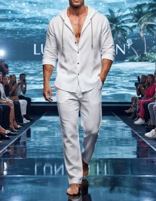 Herren Leinen Freizeit-Set mit Kapuze Langarmhemd & Lange Hose Zweiteiler