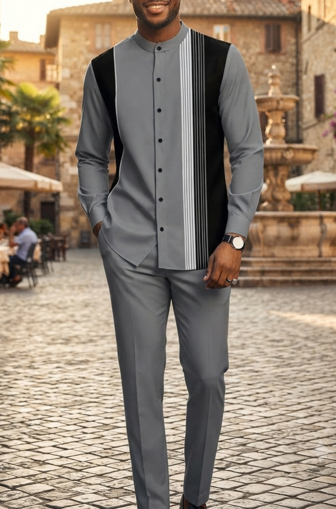 Herren Retro Freizeit-Set Langarmhemd & Lange Hose Zweiteiler Casual
