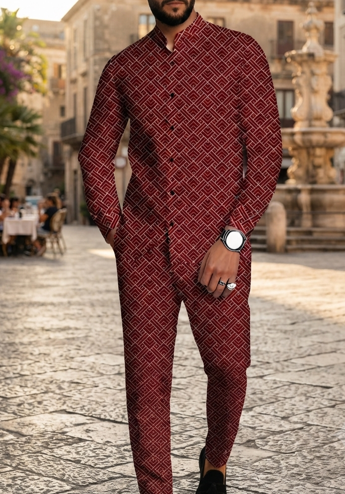 Herren Retro Freizeit-Set Langarmhemd & Lange Hose Zweiteiler Casual
