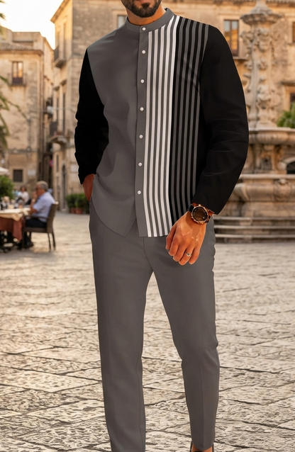 Herren Retro Freizeit-Set Langarmhemd & Lange Hose Zweiteiler Casual