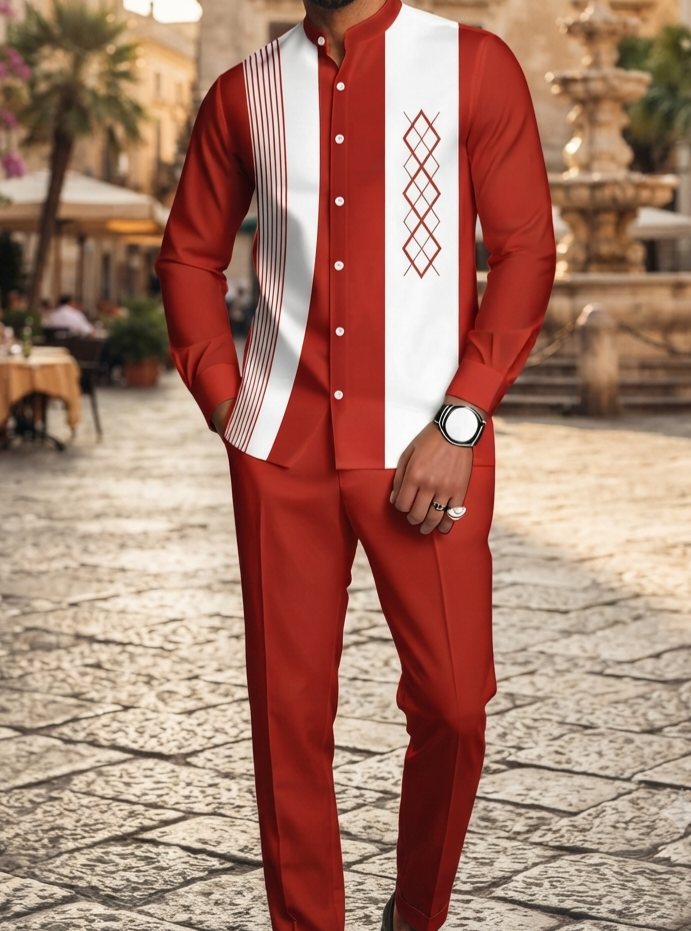 Herren Retro Freizeit-Set Langarmhemd & Lange Hose Zweiteiler Casual