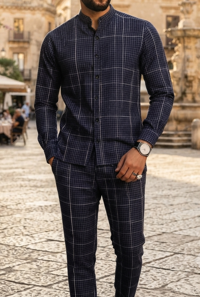 Herren Retro Freizeit-Set Langarmhemd & Lange Hose Zweiteiler Casual