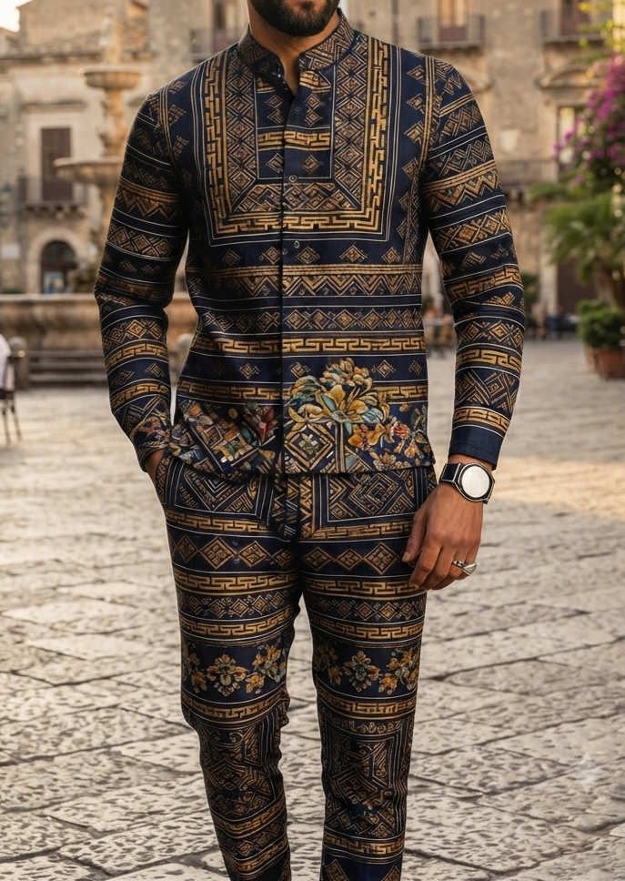 Herren Retro Freizeit-Set Langarmhemd & Lange Hose Zweiteiler Casual