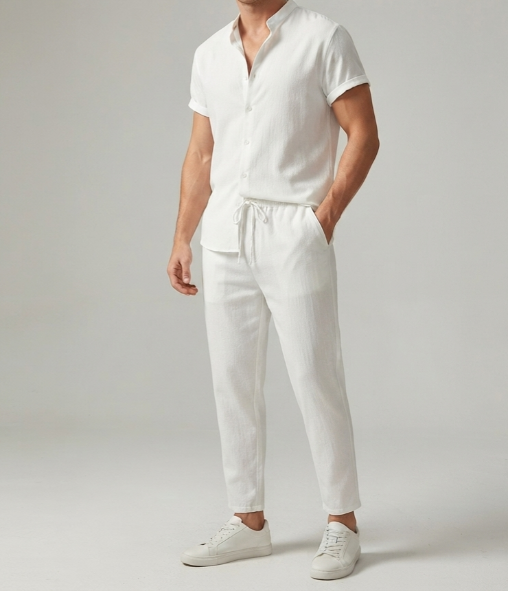 Herren Sommer Freizeit-Set Kurzarmhemd & Lange Hose Leinen-Optik Zweiteiler