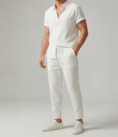 Herren Sommer Freizeit-Set Kurzarmhemd & Lange Hose Leinen-Optik Zweiteiler