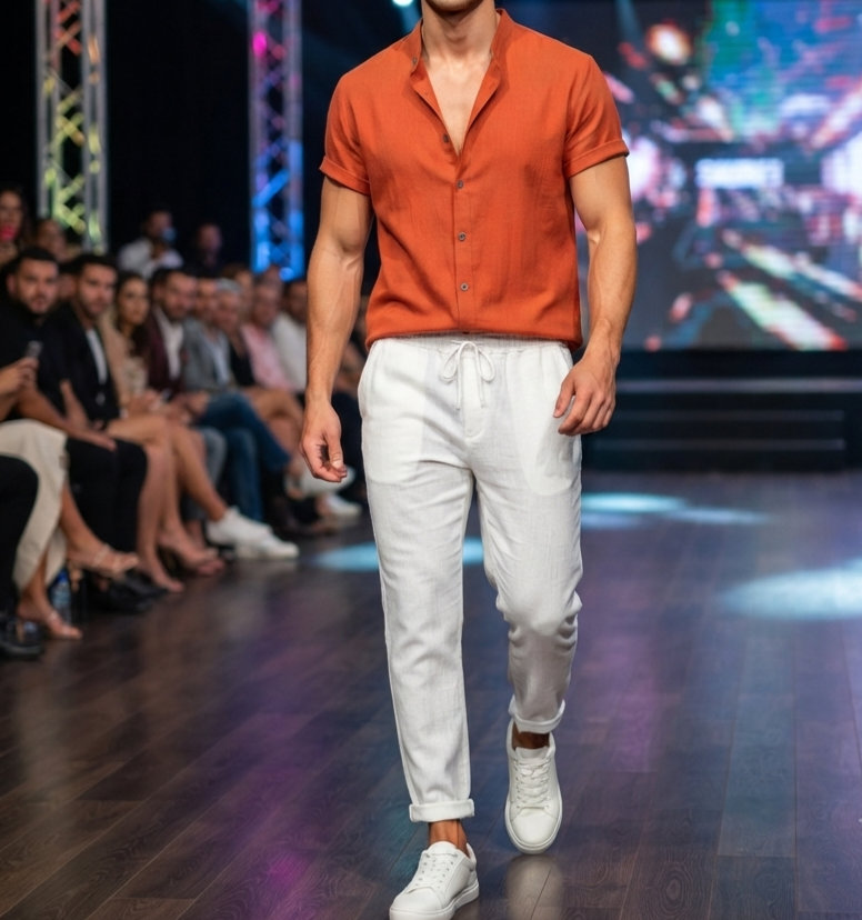 Herren Sommer Freizeit-Set Kurzarmhemd & Lange Hose Leinen-Optik Zweiteiler
