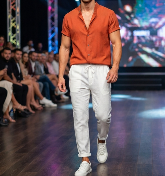Herren Sommer Freizeit-Set Kurzarmhemd & Lange Hose Leinen-Optik Zweiteiler