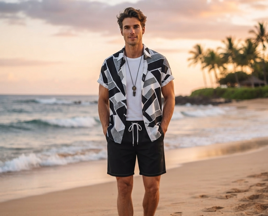 Herren Sommer-Set Kurzarmhemd & Shorts Bedrucktes Freizeit-Outfit