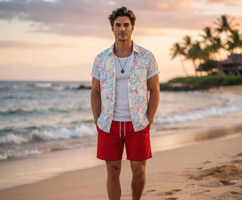 Herren Sommer-Set Kurzarmhemd & Shorts Bedrucktes Freizeit-Outfit