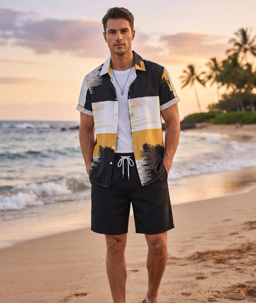 Herren Sommer-Set Kurzarmhemd & Shorts Bedrucktes Freizeit-Outfit
