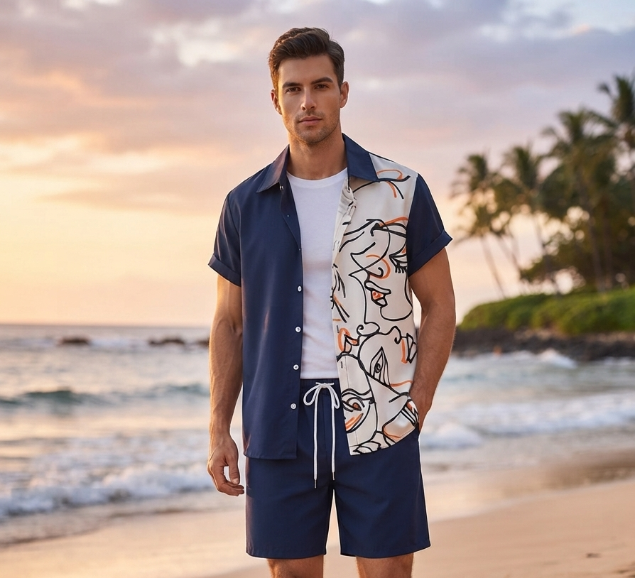 Herren Sommer-Set Kurzarmhemd & Shorts Bedrucktes Freizeit-Outfit