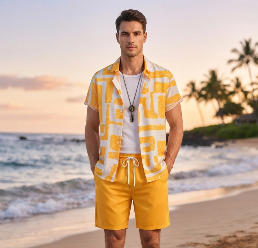 Herren Sommer-Set Kurzarmhemd & Shorts Bedrucktes Freizeit-Outfit