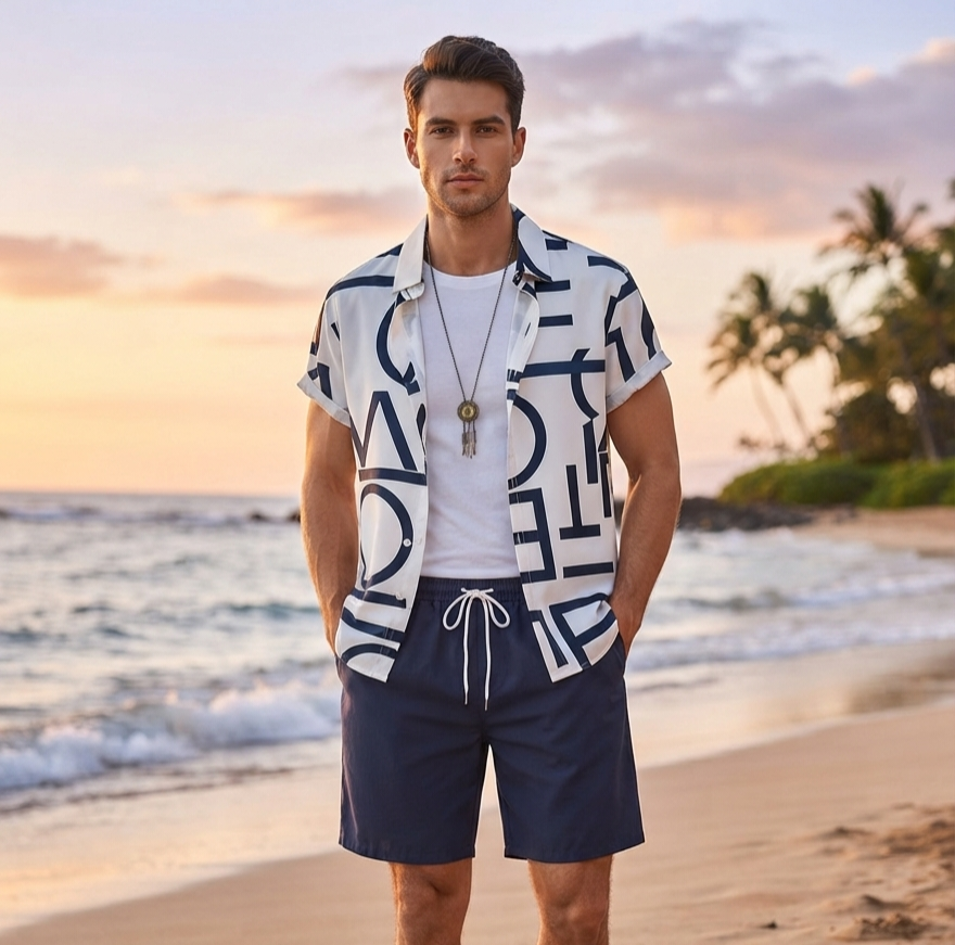 Herren Sommer-Set Kurzarmhemd & Shorts Bedrucktes Freizeit-Outfit
