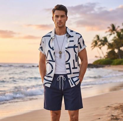 Herren Sommer-Set Kurzarmhemd & Shorts Bedrucktes Freizeit-Outfit