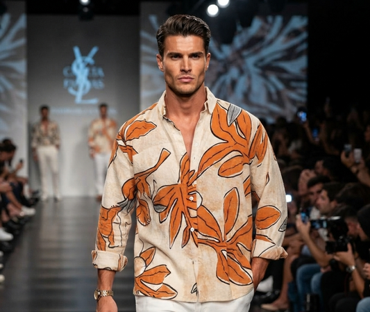 Herren Strandhemd Langarm Lässiges Hawaiihemd mit bunten Print-Motiven
