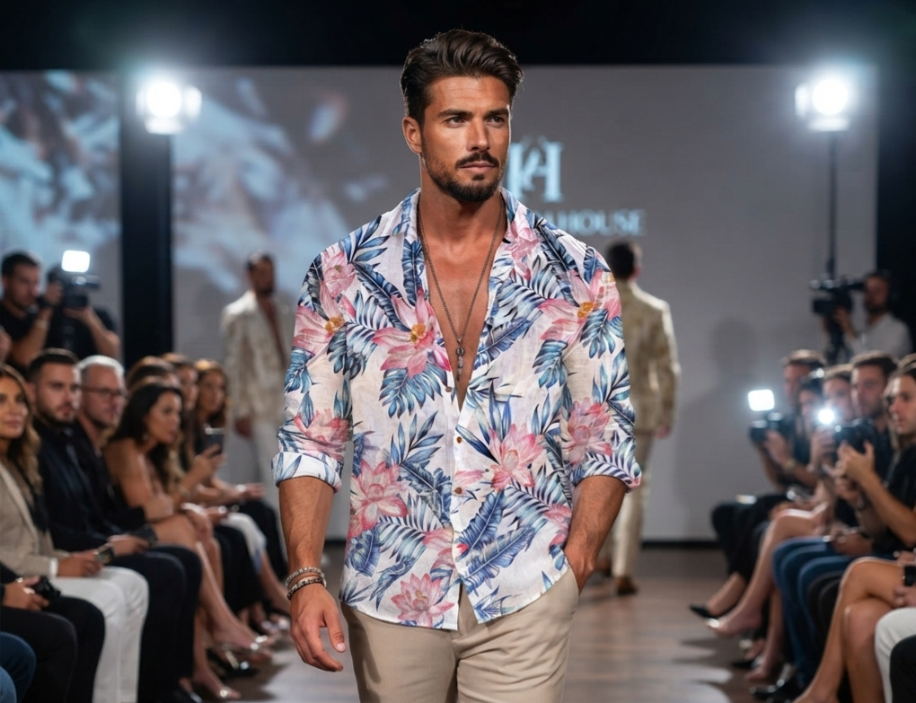 Herren Strandhemd Langarm Lässiges Hawaiihemd mit bunten Print-Motiven