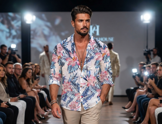 Herren Strandhemd Langarm Lässiges Hawaiihemd mit bunten Print-Motiven