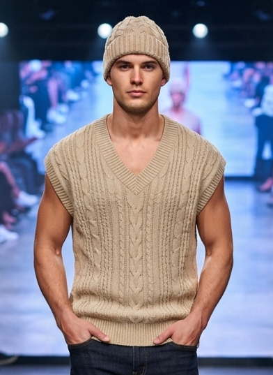 Herren Tanktop V-Ausschnitt Strick-Optik Locker Leicht Sommer Shirt Jacquard
