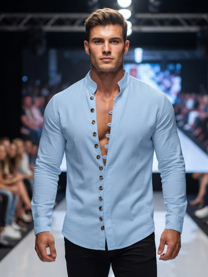 Herren Langarmhemd Leinenoptik Stehkragen Retro Freizeit Hemd Loose-Fit