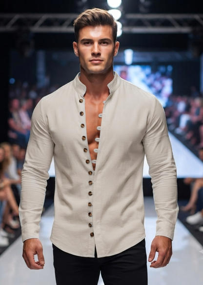 Herren Langarmhemd Leinenoptik Stehkragen Retro Freizeit Hemd Loose-Fit