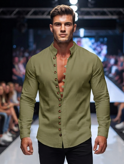 Herren Langarmhemd Leinenoptik Stehkragen Retro Freizeit Hemd Loose-Fit