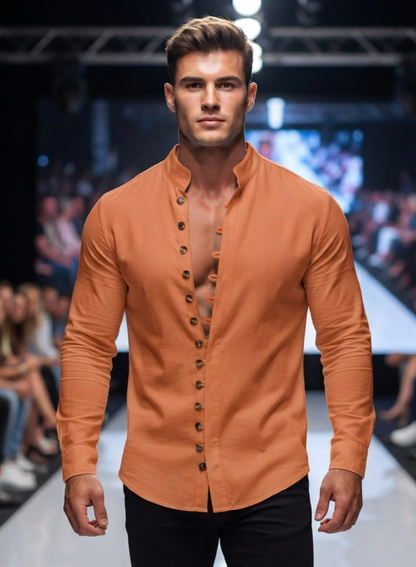 Herren Langarmhemd Leinenoptik Stehkragen Retro Freizeit Hemd Loose-Fit