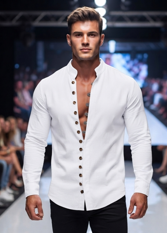 Herren Langarmhemd Leinenoptik Stehkragen Retro Freizeit Hemd Loose-Fit