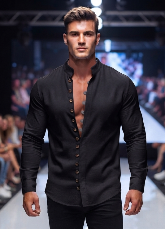 Herren Langarmhemd Leinenoptik Stehkragen Retro Freizeit Hemd Loose-Fit